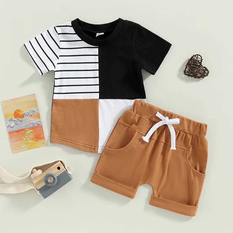 Clothing Sets 2023-02-14 Lioraitiin 0-3Years Toddler Baby 2Pcs Summer Outfits Patchwork Short Sleeve Contrast Color Tops Pocket Shorts Set R240708