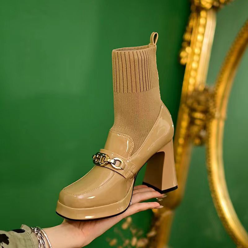 European Fashionable Women's Boots Design Version Square Toe Versatile Minimalist Style Triple Apricot Free shipping Lhshoe