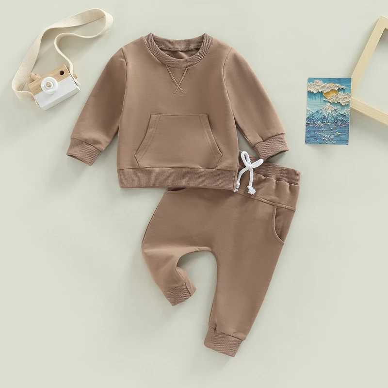 Clothing Sets 0-3Y Baby Autumn Clothes Set Girls Boys Solid Color Casual Outfits Toddler Kids Long Sleeve Pocket Sweatshirts Tops Pants Set R240708