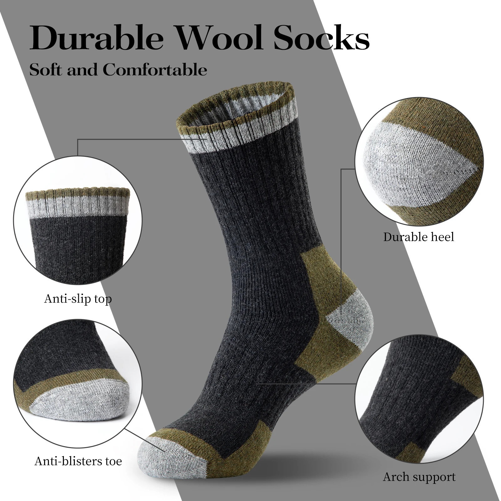 5 Pairs Mens Merino Wool Socks Wool Hiking Socks Soft Warm Winter Casual Crew Moisture-Wicking Socks for Indoors Outdoors 240703