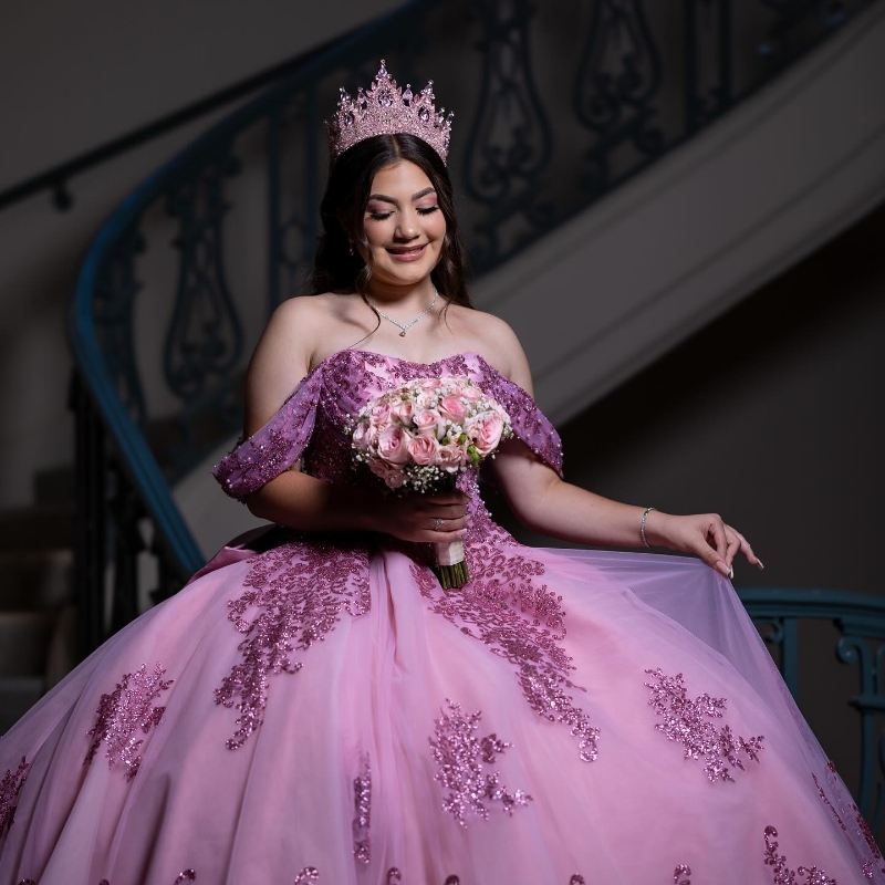 Pink Off The Shoulder Sequined Appliques Lace Ball Gown Quinceanera Dresses Pearls Beading Bow Corset Vestidos De 15 Anos