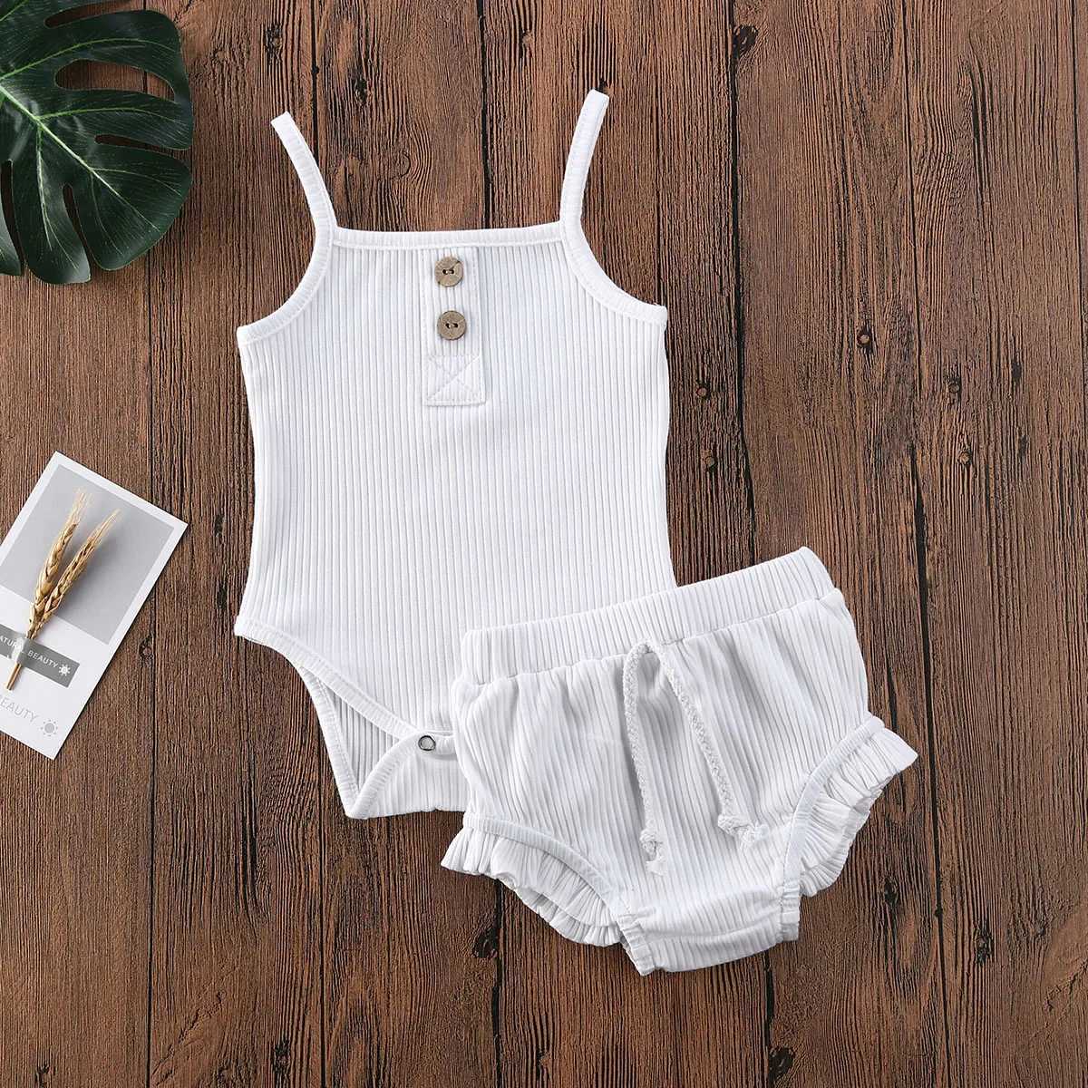 Clothing Sets 2020 Baby Summer Clothing 2PCS Newborn Baby Girl Solid Clothes Knitted Vest Crop Tops Vest Shorts Pants Ribbed Outfit R240708