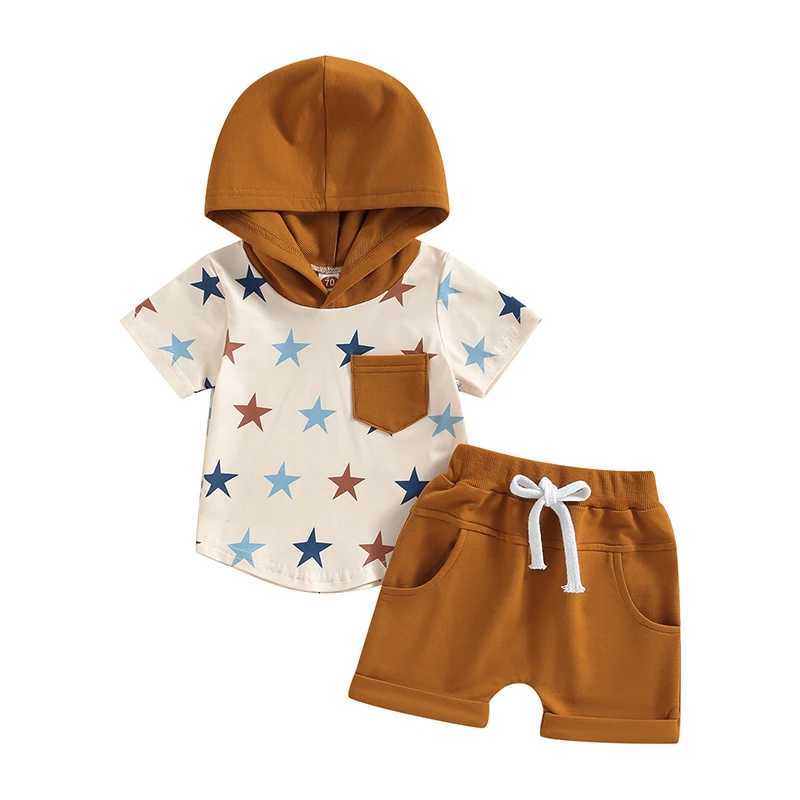 Clothing Sets 2023-03-08 Lioraitiin 0-3Years Toddler Baby Boys 2Pcs Summer Set Stars Print Hooded T-shirt Shorts Outfit R240708