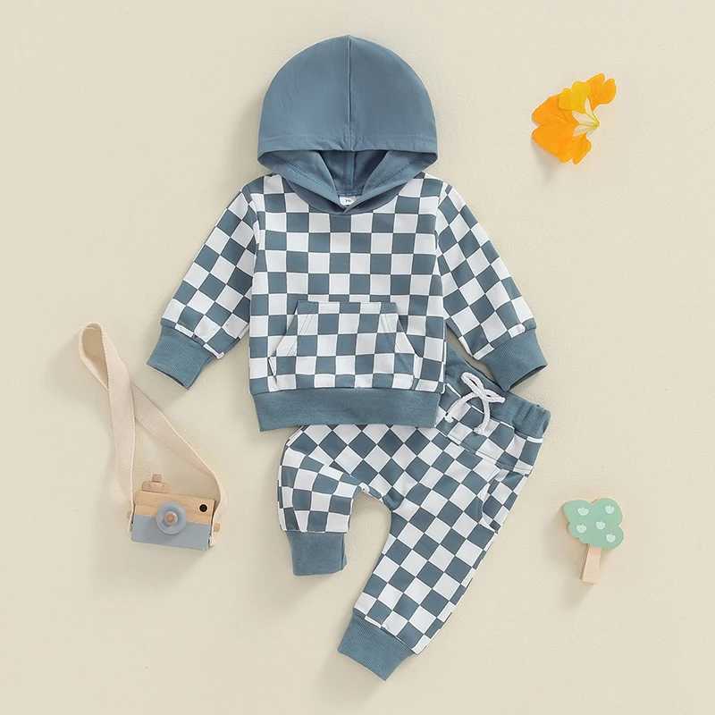 Clothing Sets Toddler Boys Fall Outfits Checkerboard Print Hooded Long Sleeve Hoodies Sweatshirts and Long Pants 2Pcs Clothes Set R240708