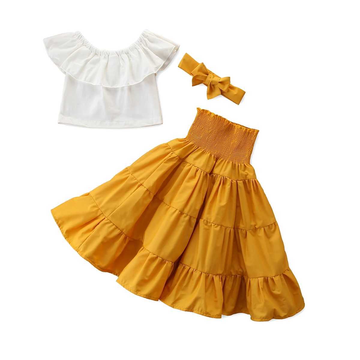 Clothing Sets Toddler Kids Baby Girls Off Shoulder Ruffle Top Shirt Elastic Waist Dress Headband 3Pcs Solid Summer Outfit Set Clothes 2-7T R240708