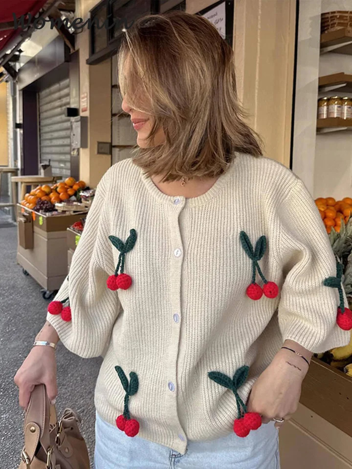 3d Cherry Knit Shirts Women Fashion O-neck Single Breasted Half Sleeve Open Stitch Female Blouses 2024 Spring Summer Lady Tops 240703
