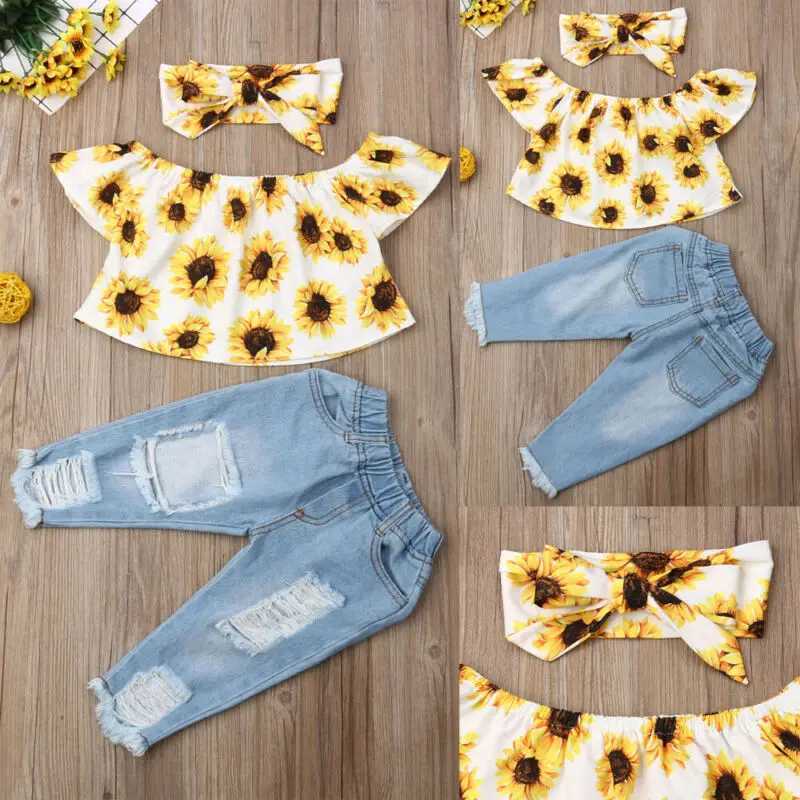 Clothing Sets Pudcoco US Stock Fashion Kids Baby Girls Summer Clothes Set Off Shoulder Sunfloral Tops Denim Pants Outfits Set Clothes Summer R240708