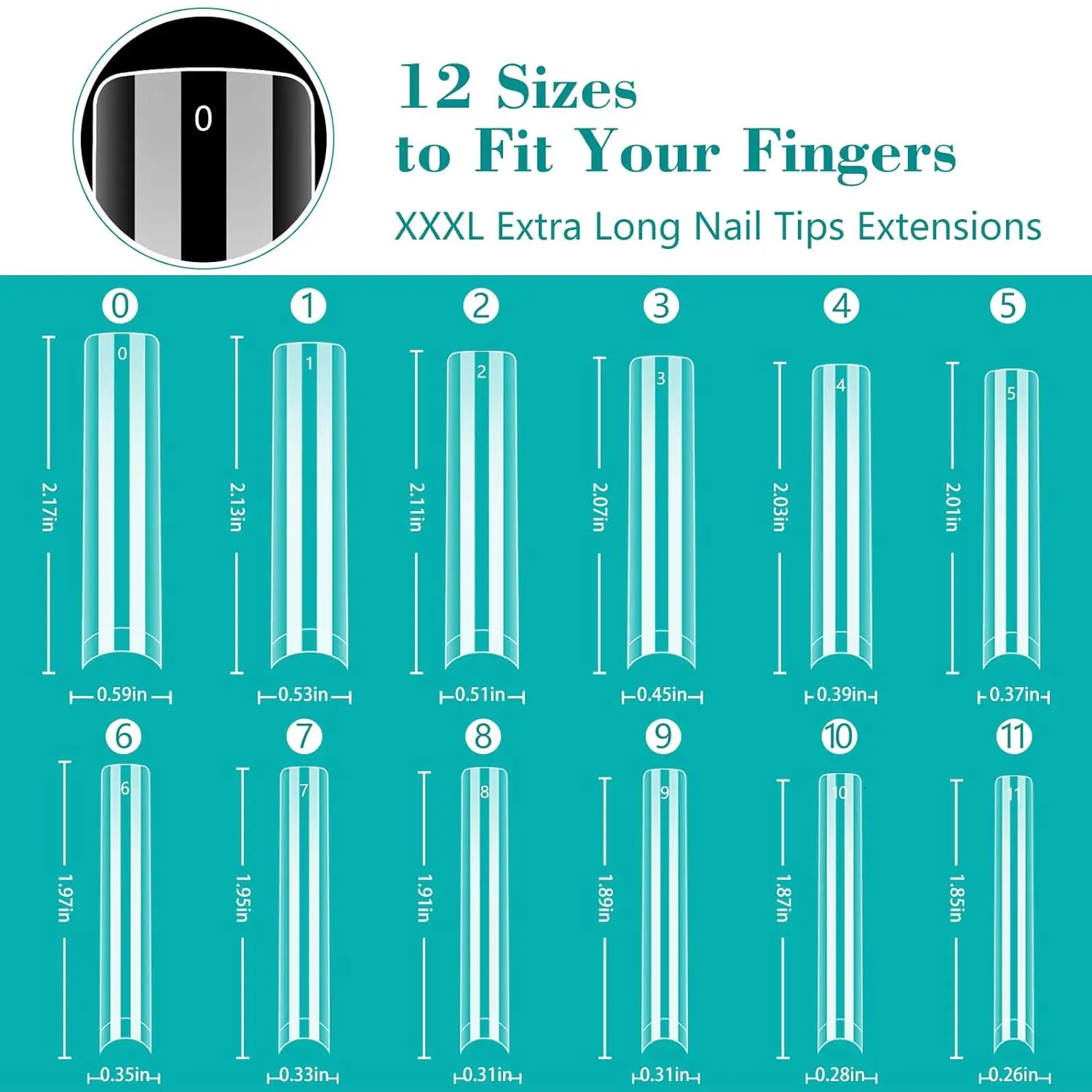 240PC Professional 3XL Super Long Transparent Square Nail Tip 12 Size Half Cap Acrylic Nail No C-Curve Rectangular False Nail Tip 240705