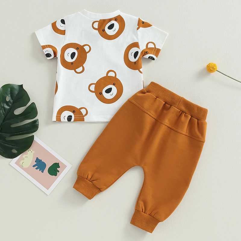 Clothing Sets 2023-05-23 Lioraitiin 0-3Years Toddler Baby Boy 2Pcs Summer Outfits Short Sleeve Bear Print Tops Solid Pants Set Clothes R240708