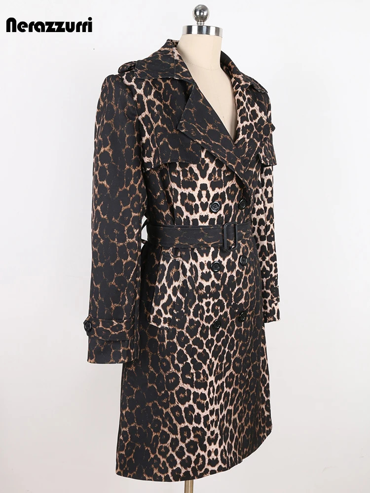 Nerazzurri Spring Autumn High Quality Soft Colorful Leopard PrintTrench Coat for Women Belt Double Breasted Elegant Clothes 240701