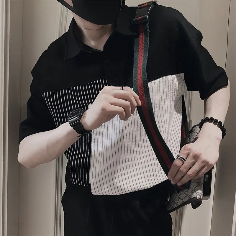 Fashion Lapel Button Spliced Asymmetrical Striped Polo Shirts Mens Clothing 2024 Spring Loose Korean Tops Casual Tee Shirt 240701