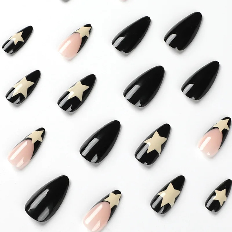 24 long French black edged star nails with 1 jelly gel and 1 nail file 240705