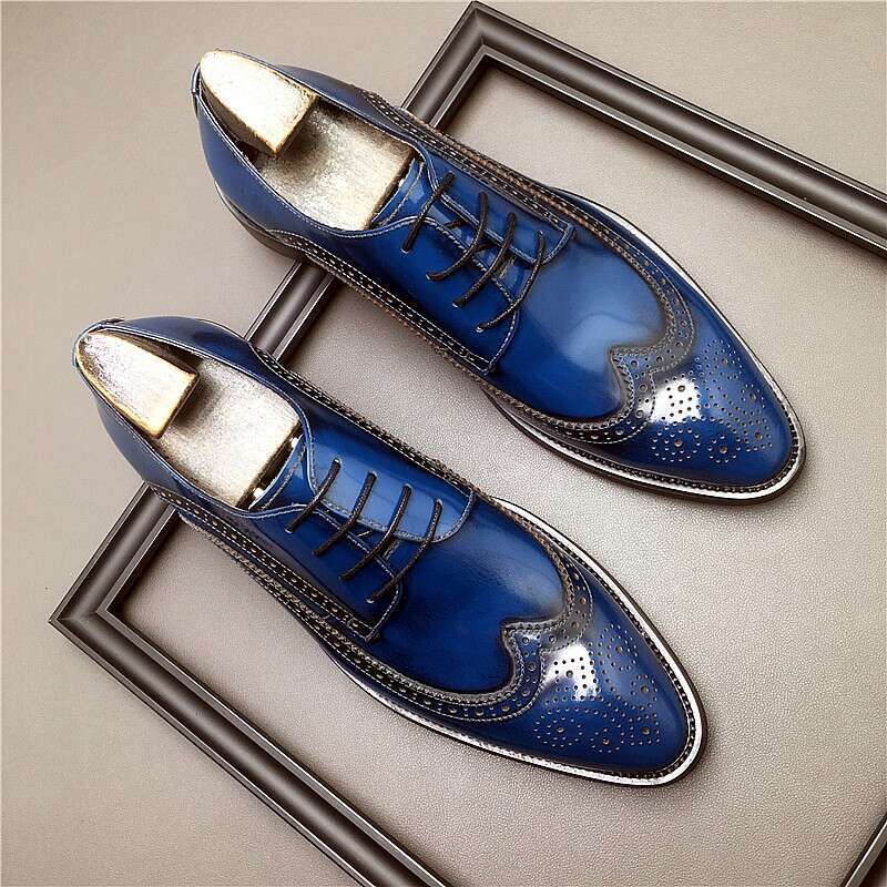 HKDQ Genuine Leather Men Brogue British Oxford Dress Fashion Wedding Pointed Tip Lace Up Business Shoes Formal Blue Shoe