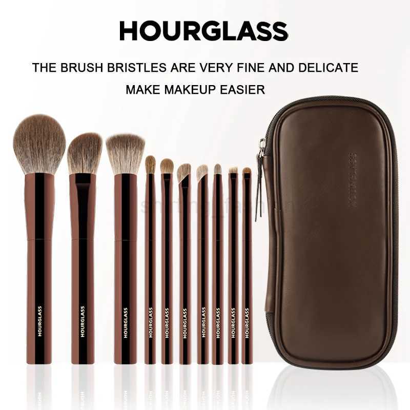 Hourglass Makeup Brush-Makeup set portable 10 pieces animal hair+leather material brush bagPowder brush+eye+concealerCL240708