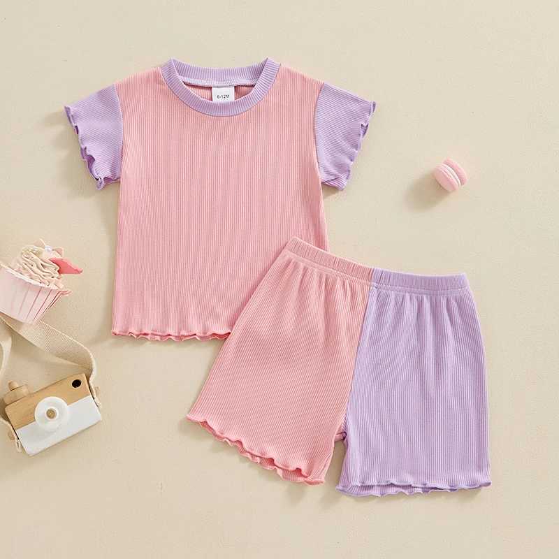 Clothing Sets 2024-04-10 Lioraitiin Kids Girls Shorts Set Contrast Color Short Sleeve Crew Neck T-shirt with Shorts Summer Outfit R240708