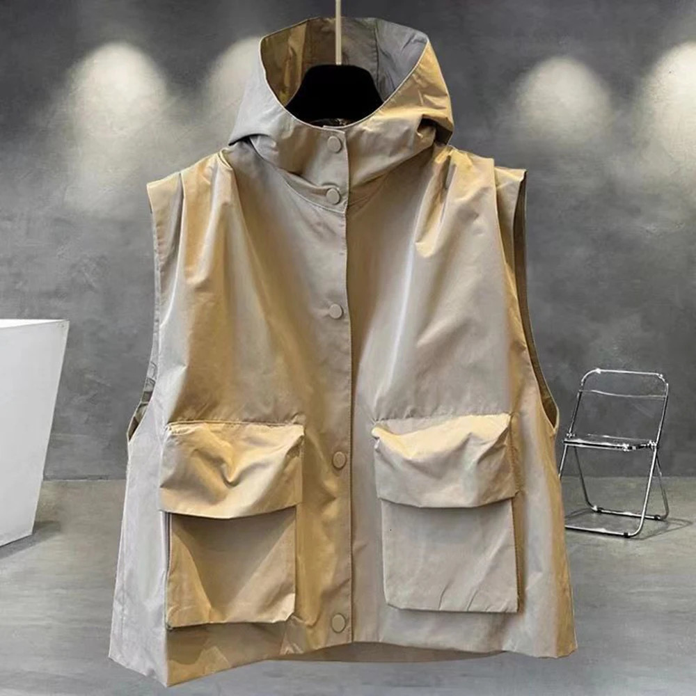 Mens Large Size Casual Vest Solid Color Hooded Outer Vest Korean Style Trendy Work Wear Pocket Outer Wear Y2k Vest 240703