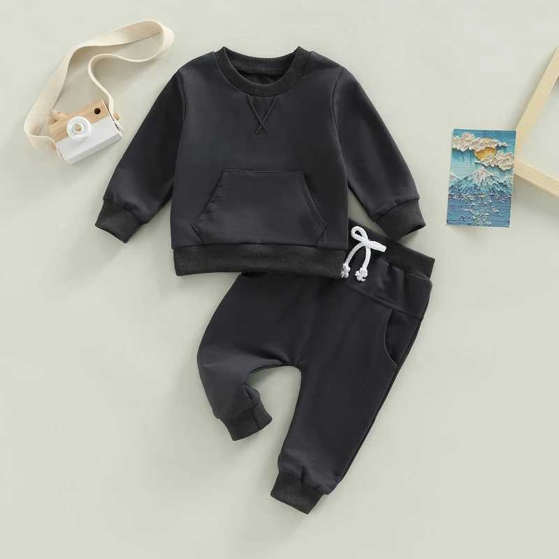 Clothing Sets 0-3Y Baby Autumn Clothes Set Girls Boys Solid Color Casual Outfits Toddler Kids Long Sleeve Pocket Sweatshirts Tops Pants Set R240708