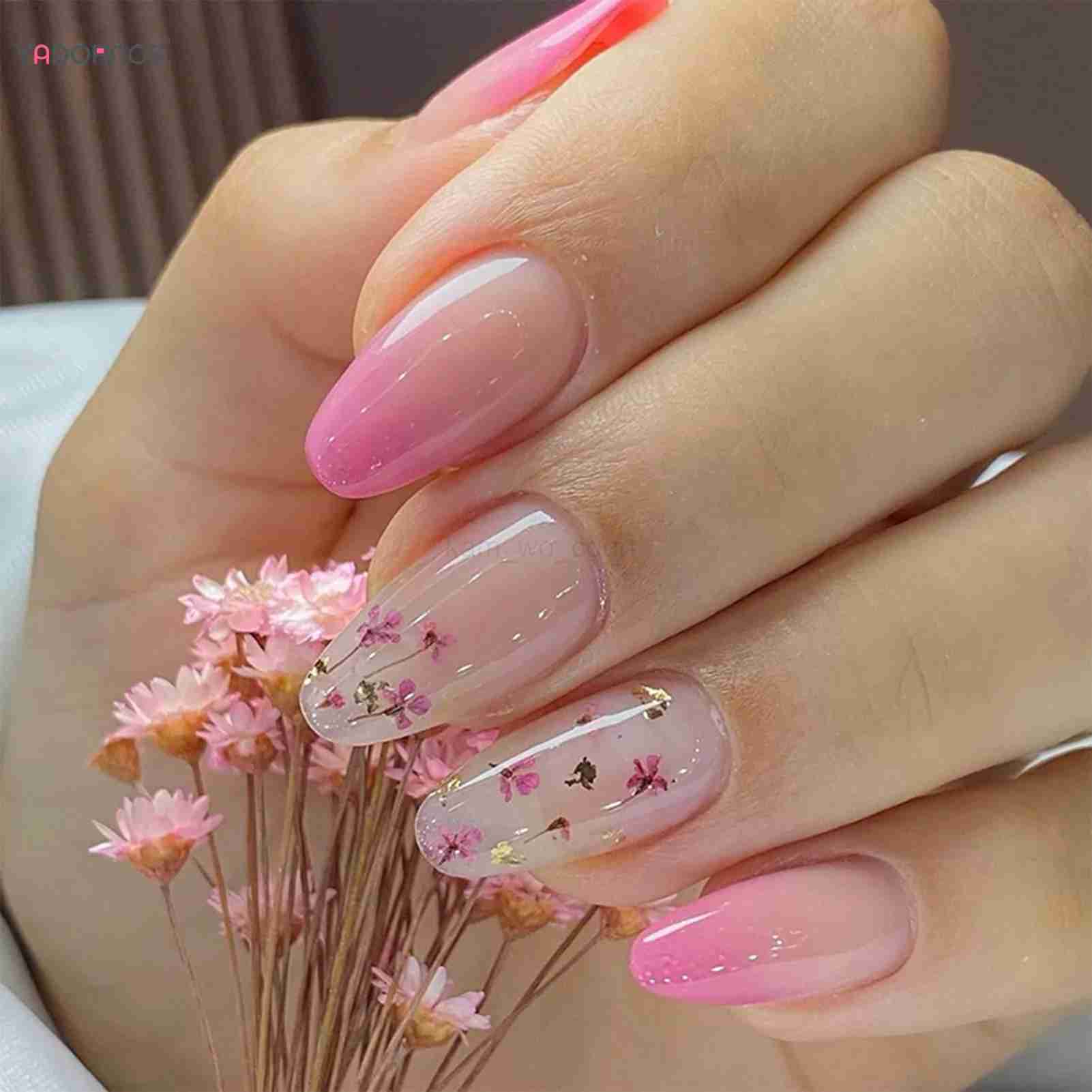 24Pcs Almond Fake Nails Gradient Pink Flower Designs Full Cover False Nails for Women Spring Summer Press on Nails Tips 2024M240708