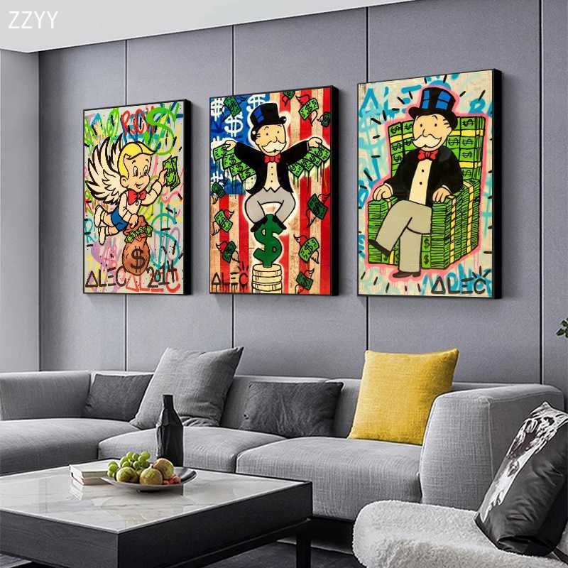 Graffiti Artworks Alec Monopoly Rich Man Dollars Money Pop Art Canvas Poster Painting Cartoon Street Art Wall Pictrue Home DecorCL240708