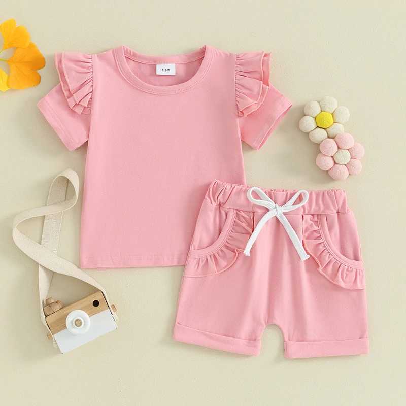 Clothing Sets 2023-12-21 Lioraitiin 0-3Y Kid Baby Girls Clothes Set Short Sleeve Solid O-Neck T-shirt with Elastic Waist Shorts Summer Outfit R240708