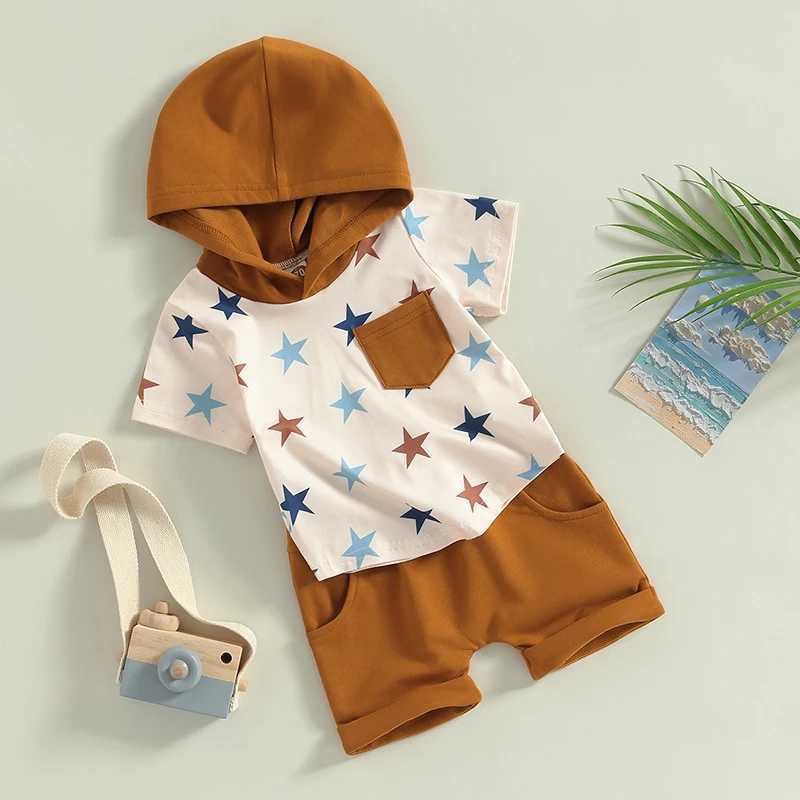 Clothing Sets 2023-03-08 Lioraitiin 0-3Years Toddler Baby Boys 2Pcs Summer Set Stars Print Hooded T-shirt Shorts Outfit R240708