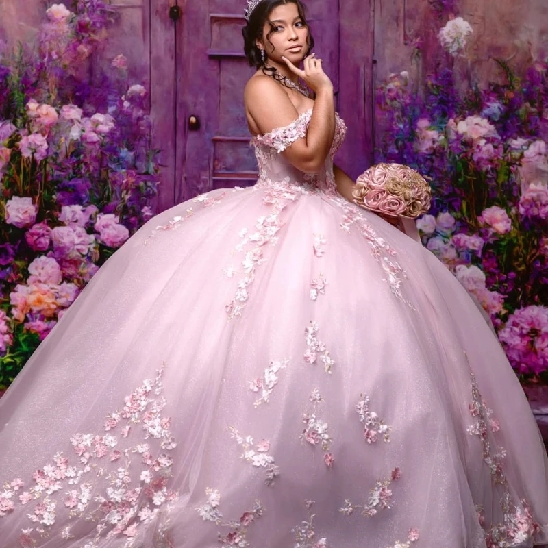 Pink Shiny Sexy Sweetheart Quinceanera Dress Sweet 15 2025 Off Shoulder Applique Lace Flower Tull Vestidos De 15 Anos Ball Gowns