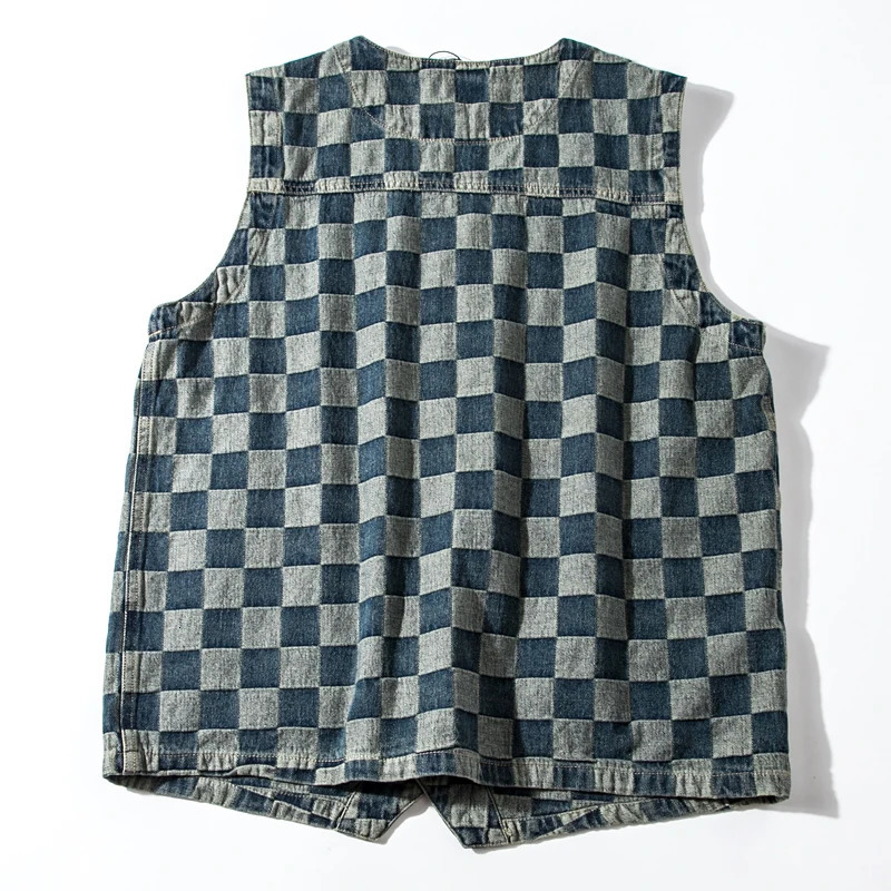 American Casual Retro Plaid Denim Vest with Multiple Pockets Denim Sleeveless Check Workwear Vest Vintage Amekaji Y2k Youth Male 240704