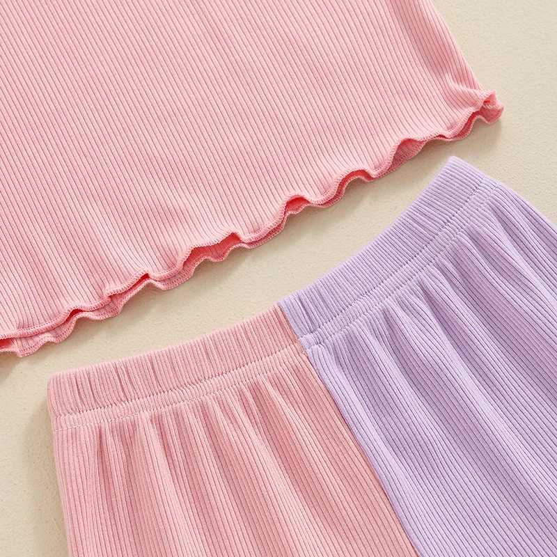Clothing Sets 2024-04-10 Lioraitiin Kids Girls Shorts Set Contrast Color Short Sleeve Crew Neck T-shirt with Shorts Summer Outfit R240708
