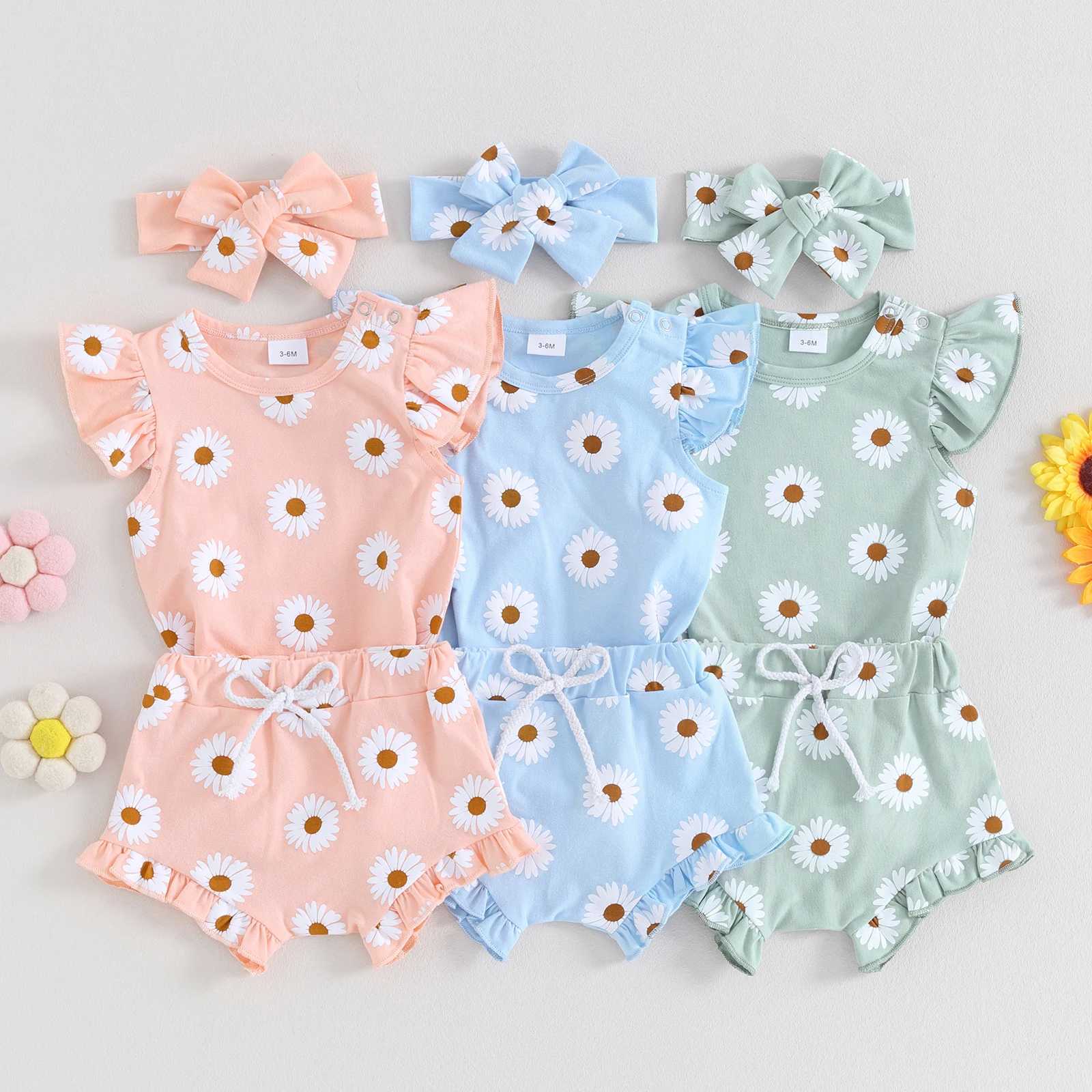 Clothing Sets Pudcoco Infant Newborn Baby Girl 3 Piece Clothes Daisy Print Romper and Ruffle Elastic Shorts Headband Set Summer Outfits 0-18M R240708