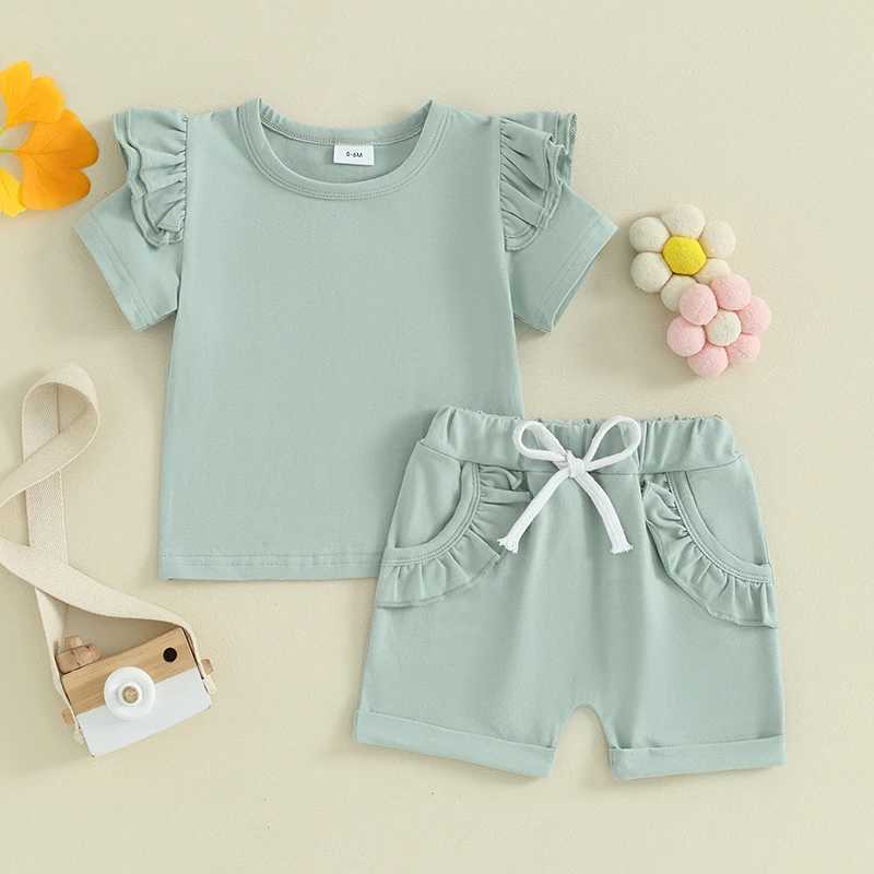 Clothing Sets 2023-12-21 Lioraitiin 0-3Y Kid Baby Girls Clothes Set Short Sleeve Solid O-Neck T-shirt with Elastic Waist Shorts Summer Outfit R240708