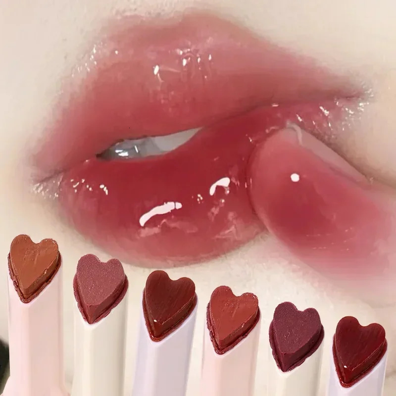 Love Shape Jelly lipstick Waterproof Stick less Cup Mirror Solid lipstick Glossy Transparent Long lasting lipstick Cosmetics 240705