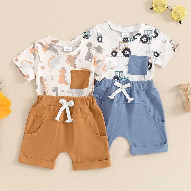 Clothing Sets Toddler Boys Summer Outfits Dinosaur Car Print Short Sleeve T-Shirts Tops Elastic Waist Shorts 2Pcs Boys Clothes Set