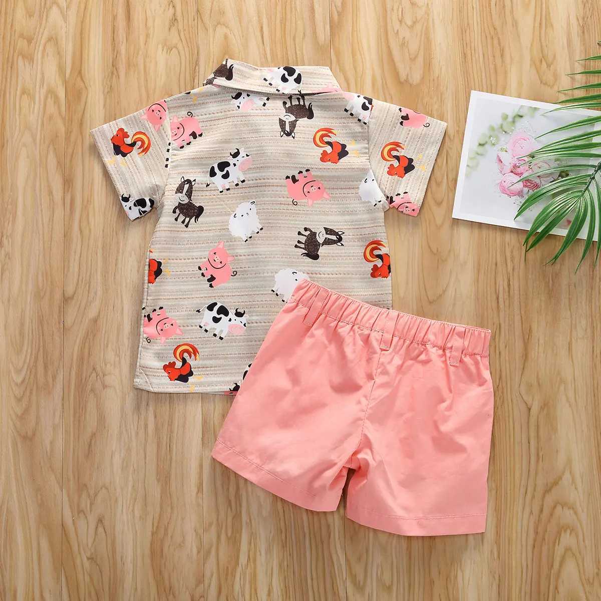 Clothing Sets Lioraitiin 0-5years Toddler Boy Summer Clothes Set Short Sleeve Printed Button Shirt+Solid Color Shorts Outfit R240708