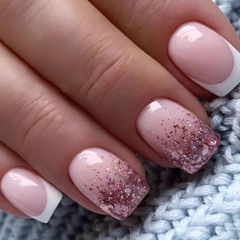 24 pieces/set of womens short false nails French nude square white tips and Rhinestone glitter Y2K according to false nail art 240705