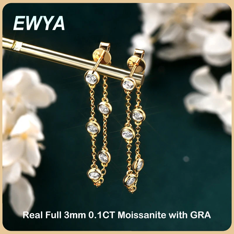 EWYA Sparkling Bubble D Color 0.1CT 3mm Full Diamond Drop Earrings for Women S925 Silver Long Tassel Dangle Earring 240701