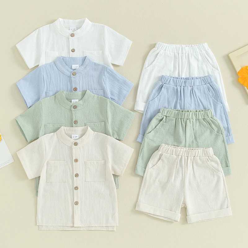 Clothing Sets Pudcoco Kids Boys Summer Linen Outfits Solid Color Buttons Short Sleeve Tops and Elastic Waist Shorts 2Pcs Clothes Set 6M-5T R240708