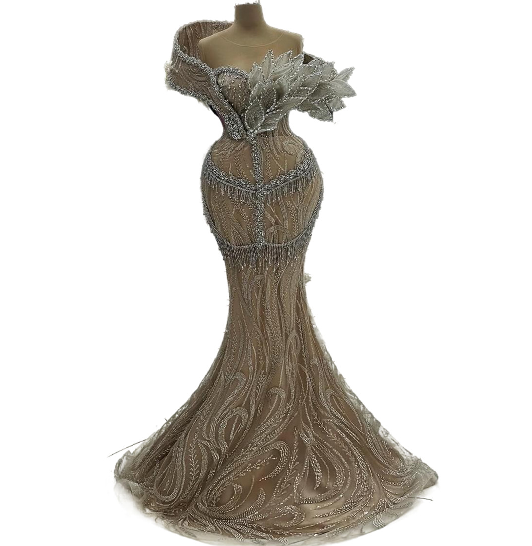 2024 Aso Ebi Champagne Illusion Mermaid Prom Dresses Crystals Lace Evening Formal Party Second Reception Birthday Celebrity Engagement Gowns Dress Rob