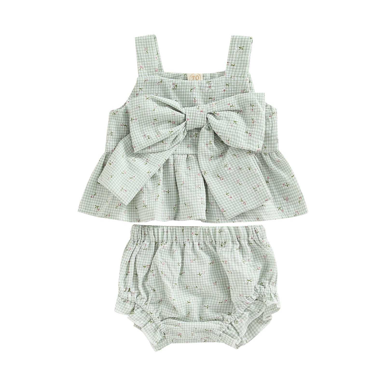 Clothing Sets Infant Baby Girl 2 Pcs Outfits Suit Plaid Pattern Floral Printed Bowknot Suspender Tops Shorts Set For Summer R240708