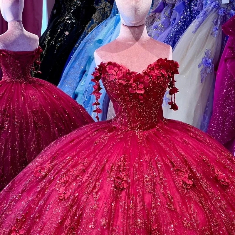 Red Shiny Quinceanera Dresses Sleeveless Crystal Sequined Ball Gown Off The Shoulder Applique Lace Beads Corset Vestidos 15 Para