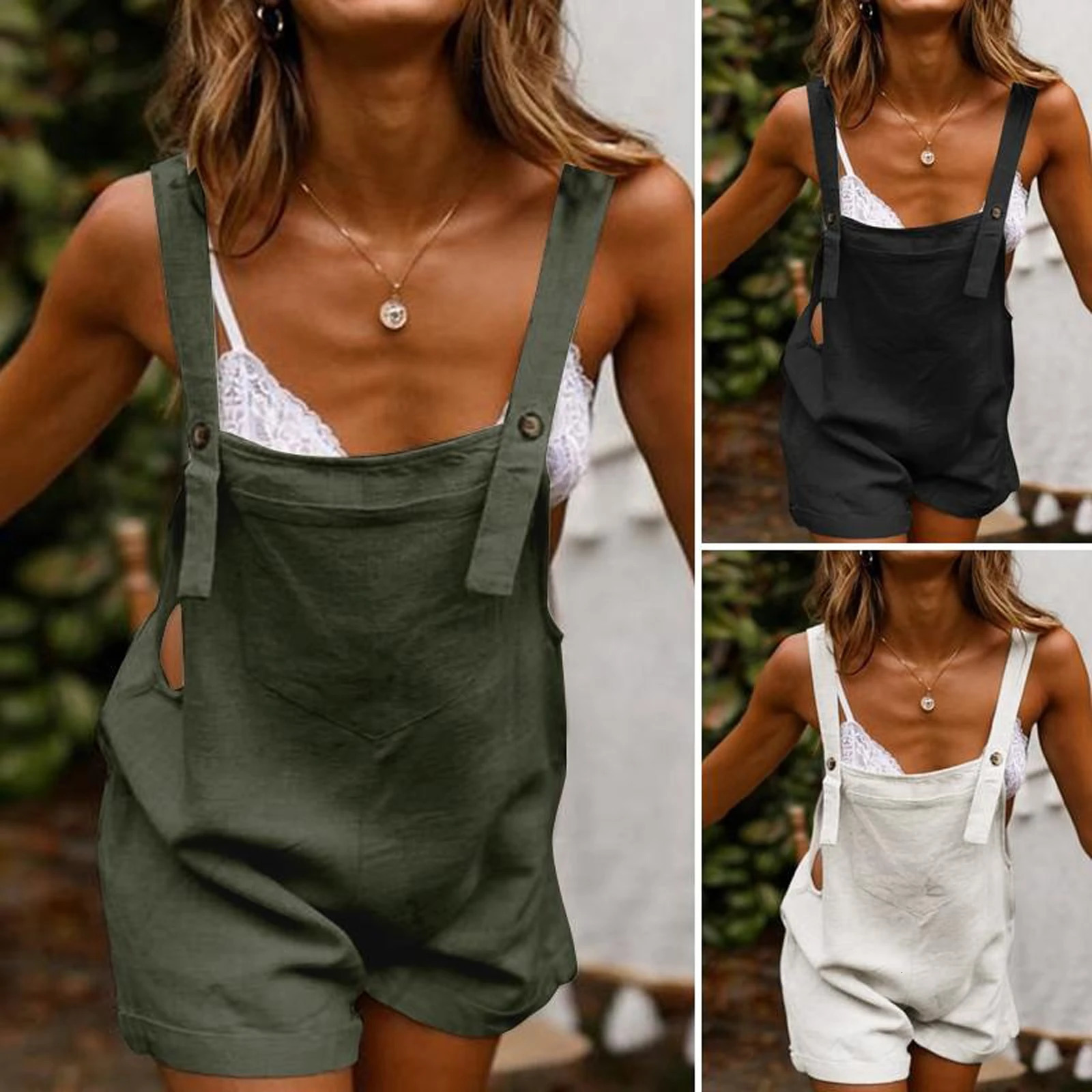 Women Jumpsuit Loose Style Overalls Boho Solid Color Square Collar Playsuits Sleeveless Rompers Summer Casual Clothes 240703