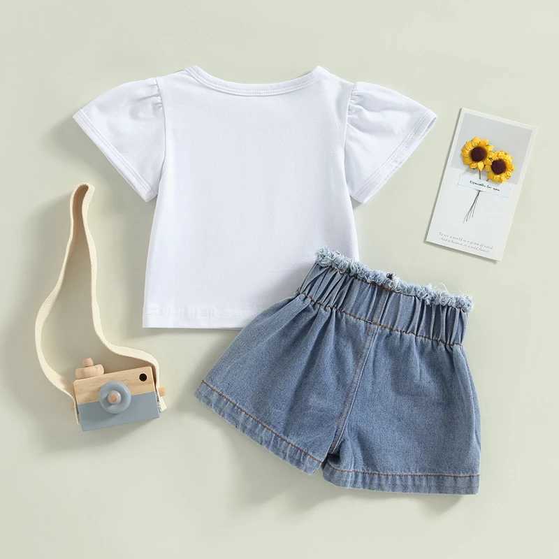 Clothing Sets 2023-03-07 Lioraitiin 0-4Years Toddler Baby Girls 2Pcs Summer Outfit Short Sleeve T-shirt Elastic Bandage Denim Shorts Set R240708