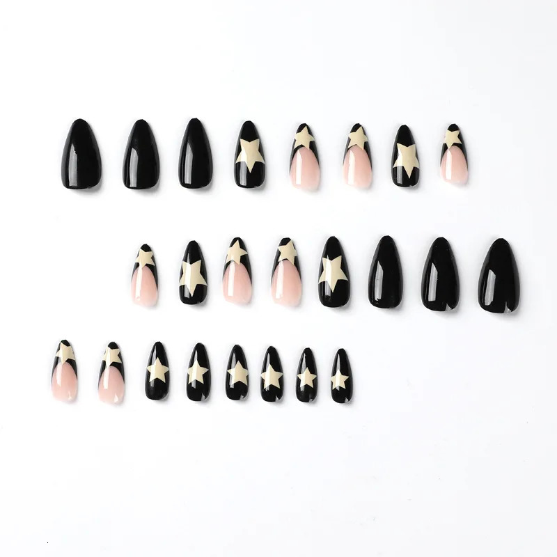 24 long French black edged star nails with 1 jelly gel and 1 nail file 240705