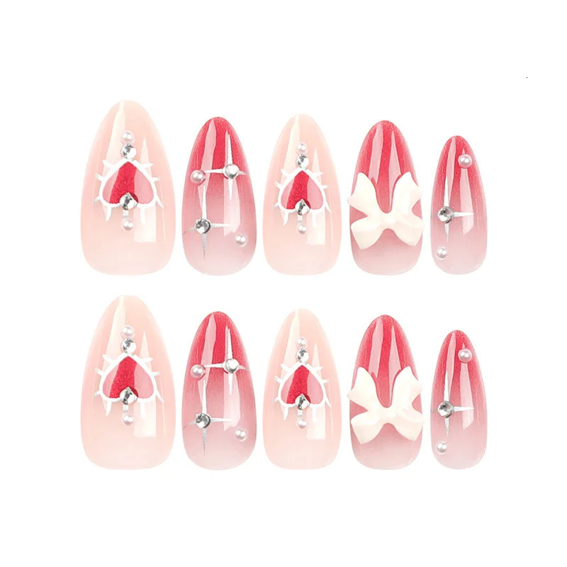 24 Valentines Day long almond shaped pearl bow love nails with 1 file and 1 jelly gel 240705