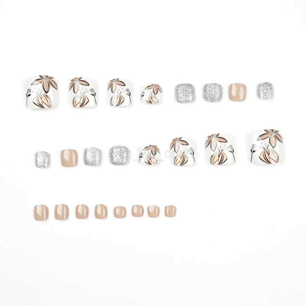 24P Fake Toenails With Glue French Line Glitter False Toe Nails Art Detachable Press On Toenails Acrylic Butterfly ToeNails TipsM240708
