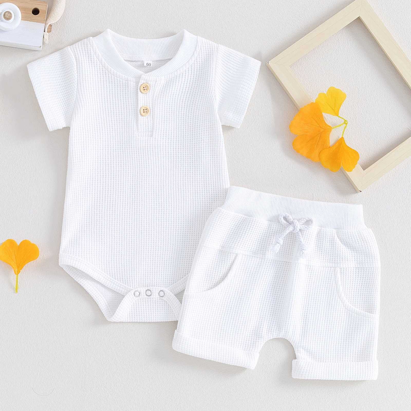 Clothing Sets Pudcoco Toddler Newborn Baby Boy Summer Clothes Solid Color Waffle Short Sleeve Button Romper with Shorts 2Pcs Outfit 0-12M R240708