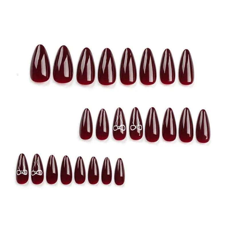 24 pieces of Valentines Day long almond shaped novel wind bow rhinoceros diamond nails with 1 file and 1 jelly gel 240705