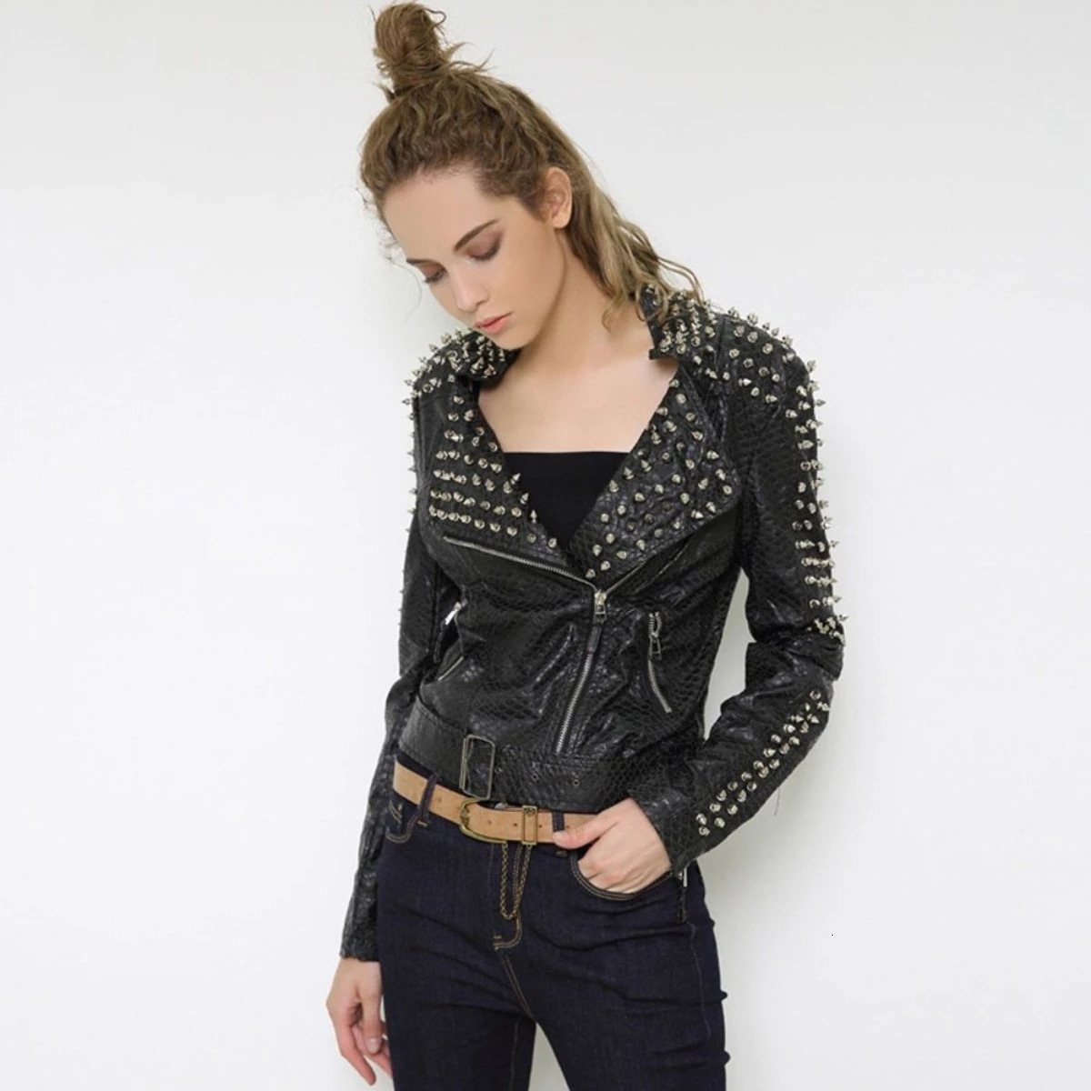 Autumn Goth Slim Short Leather Jacket Womens Coats Long Sleeved Clothes Harajuku Fashion Tops Women Y2k Rivet Black Jackets 240625