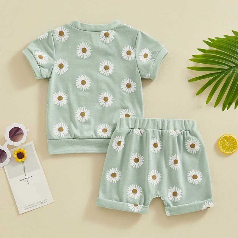 Clothing Sets Lioraitiin Toddler Newborn Baby Girls Summer Clothes Short Sleeve Daisy Print Crew Neck T-Shirt Elastic Rolled Shorts Set R240708