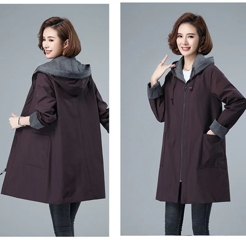 UHYTGF Coats Women Hooded Zipper Oversized Raincoat Jacket Female Korean Trench Coat Casual Spring Windbreaker Ladies 7XL 2696 240701