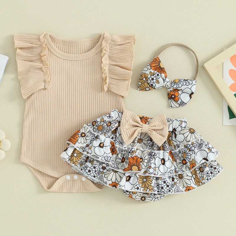 Clothing Sets Pudcoco Baby Girl Summer Clothes Ruffles Romper and Elastic Floral Skirt Shorts Headband Set 3 Piece Outfits 0-18M R240708